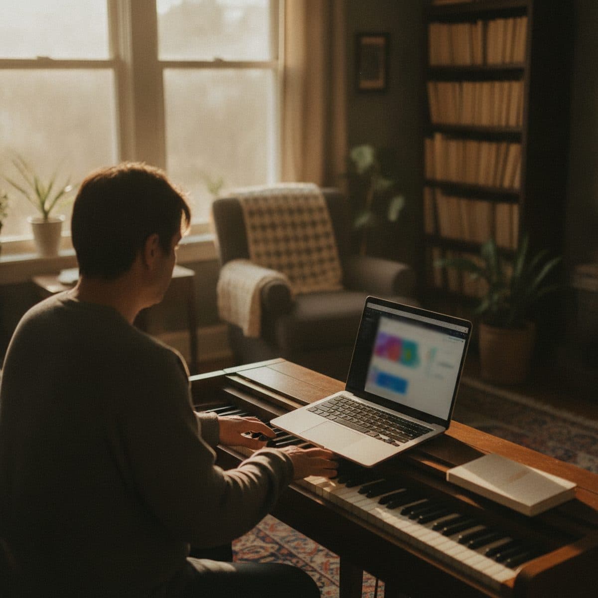 An adult student practising at a keyboard