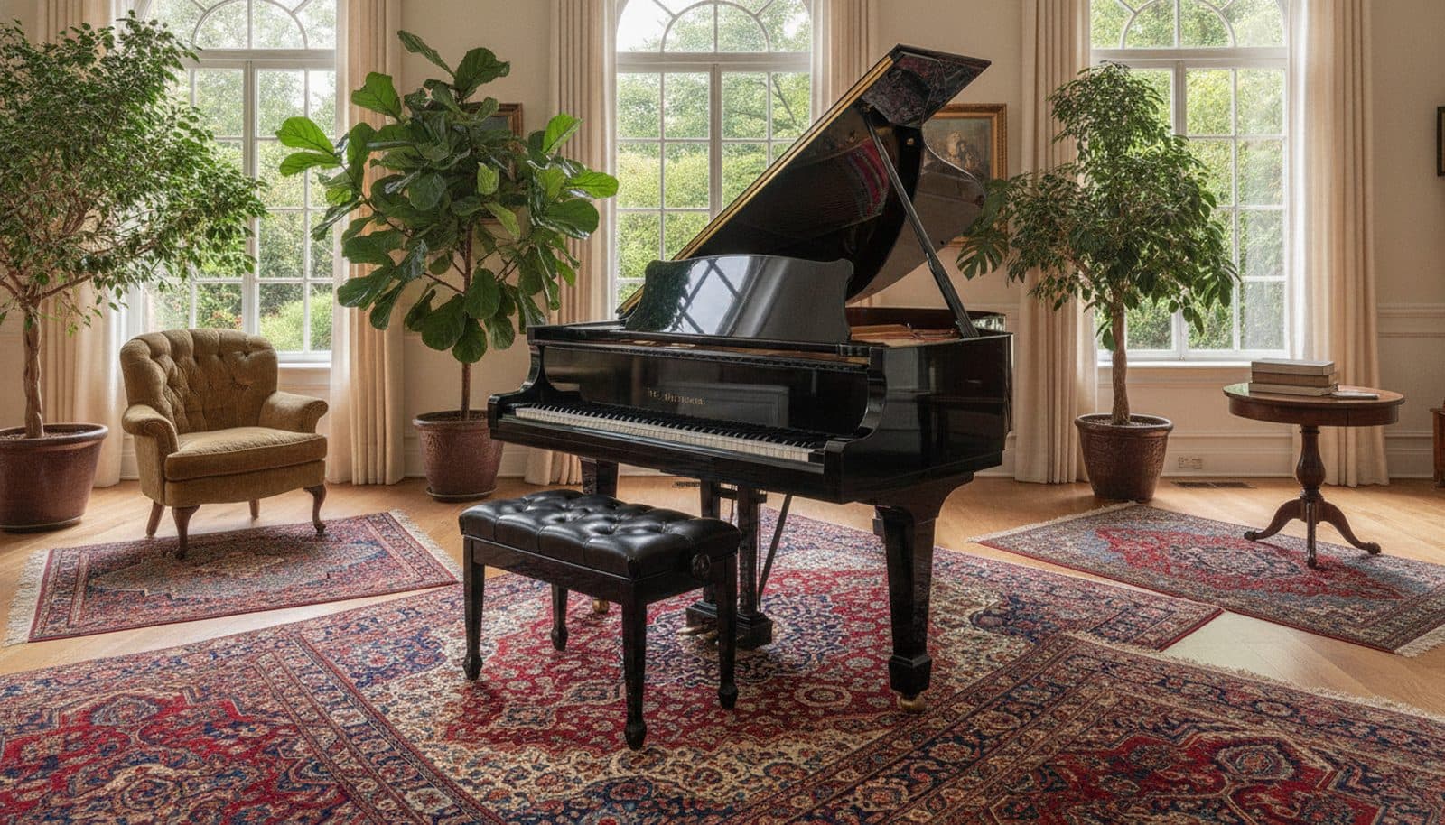 An elegant room with a grand piano